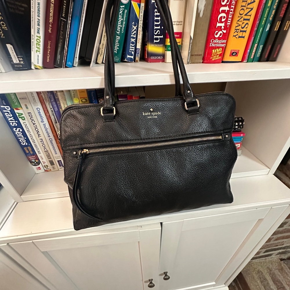 kate spade Black Pebbled Leather Laptop Tote with Front Zip Pocket